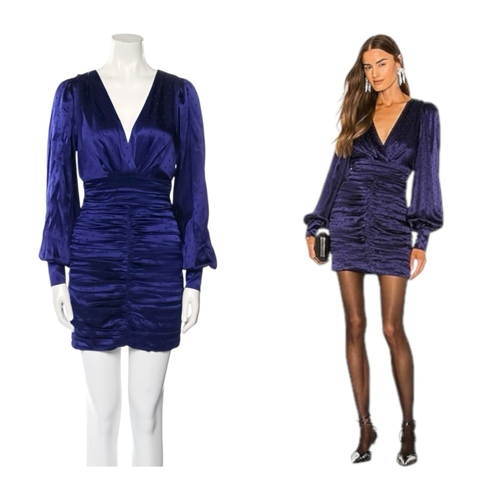 💙 Ronny Kobo Blue Silk Blend Ruched Mini Dress V-Neck Long Sleeve XS